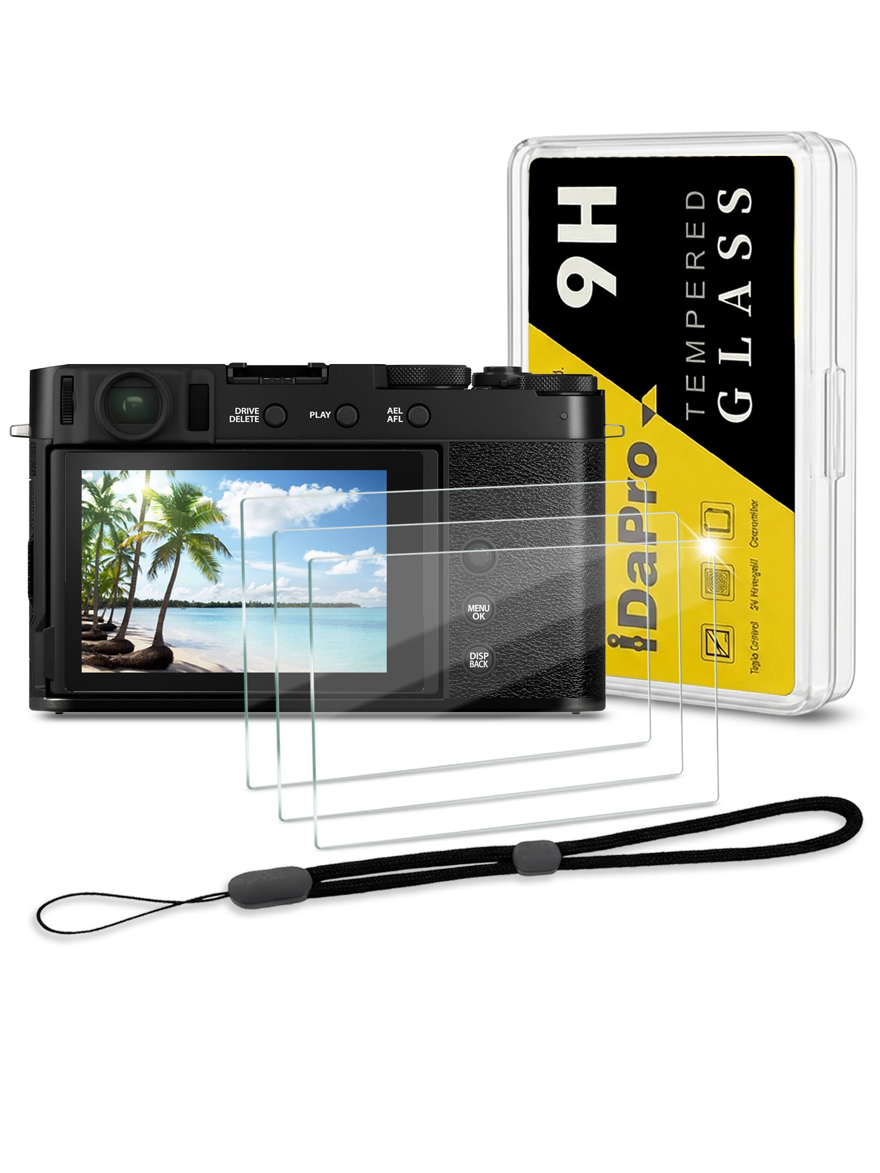 iDaPro Screen Protector for Fujifilm x100VI X-E4 Fuji XE4 + Hand Lanyard [3+1 Pack] Tempered Glass Easy Installation