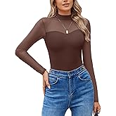 Avidlove Long Sleeve Bodysuits for Women Mock Neck Sheer Mesh Sleeve Bodysuit Double Lined Leotards Shirt Going Out Top