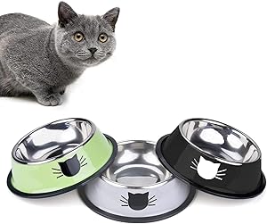 Kalimdor Cat Bowl Pet Bowl, Stainless Steel Cat Food Water Bowl with Non-Slip Stackable Pet Bowl for Cat, Kitten, Puppy, Small Dog (3Pack - Black & Green & Grey)