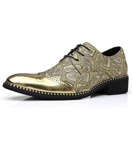 Men's Metallic Accent Buckle Dress Shoes, Stylish Pointed - Toe Lace - Up Formal Shoes for Party & Wedding (N1-Gold,6.5)