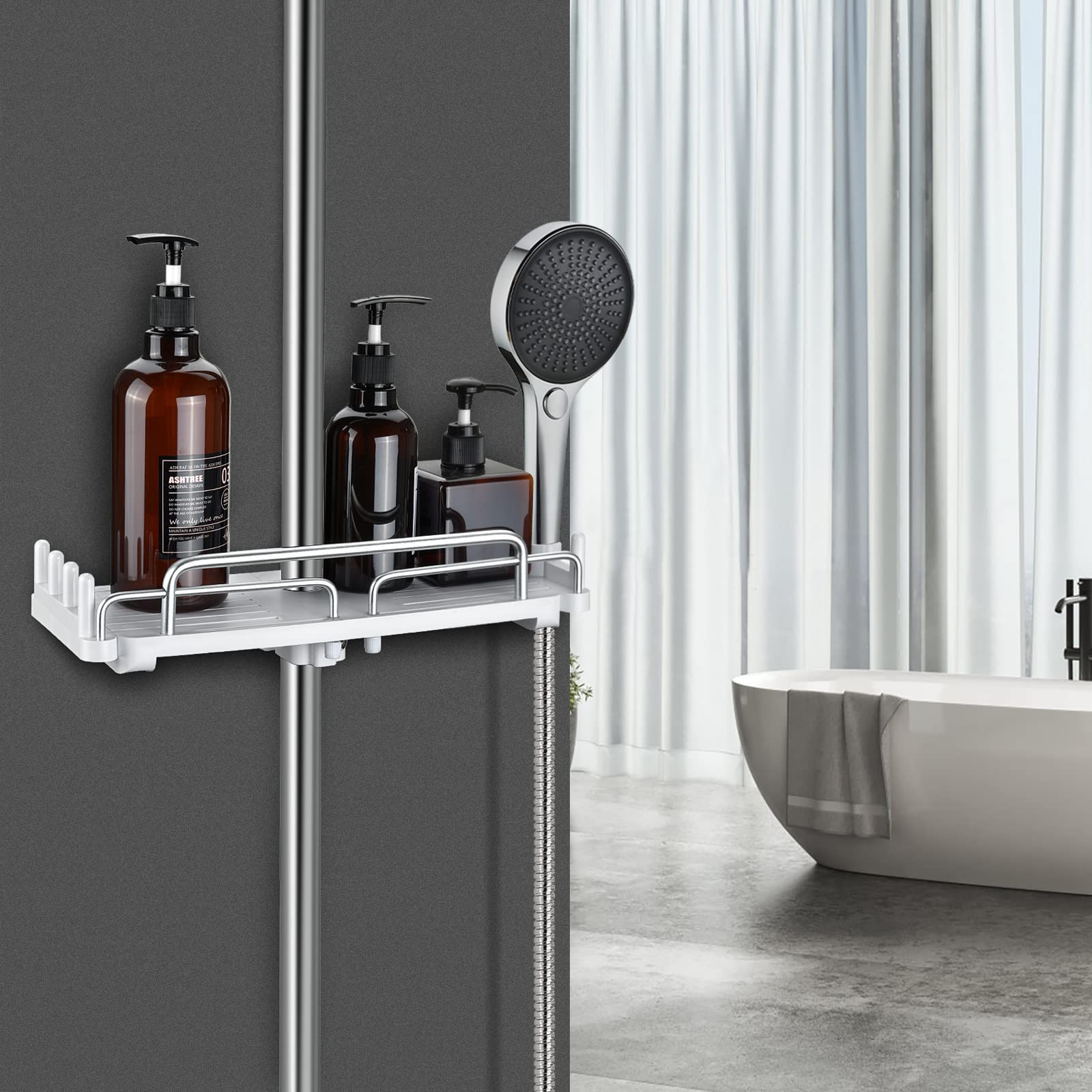 LOLYPOT Duschablage Ohne Bohren Teleskopisch 32-48cm, Duschablage zum hängen Badezimmer Organizer, Duschregal Ohne Bohren, Duschstangen-Aufbewahrungsregal für 18 mm-25 mm Duschstange (Weiß) 8