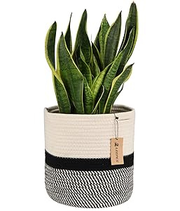Leepes Jute Rope Plant Basket Modern Woven Basket for 10" Flower Pot Floor Indoor Planters,Storage Organizer Basket Rustic Home Decor,Beige Stripes 11"x 11"