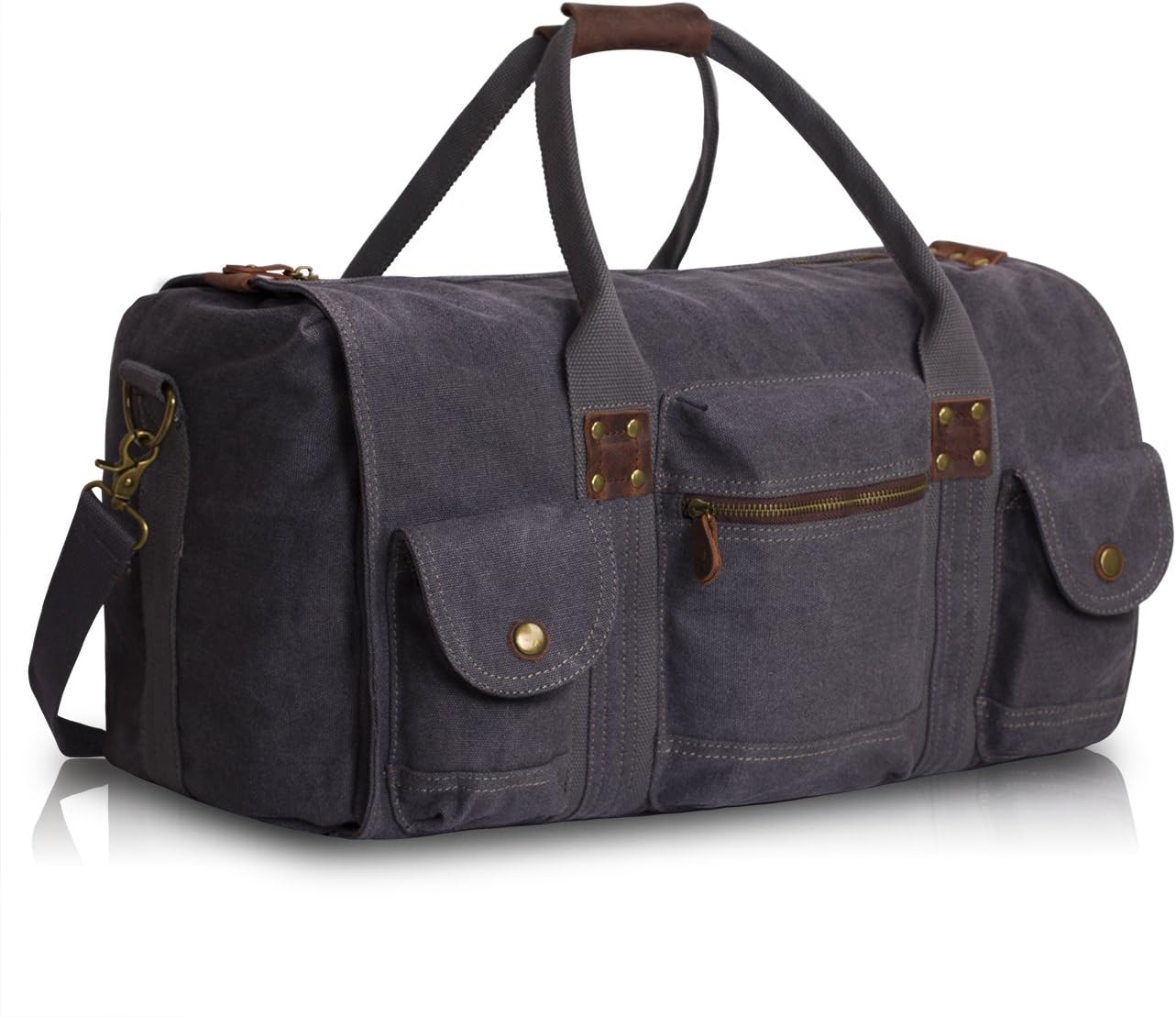 SUVOM Mens Canvas Leather Weekend Bag Holdall Travel Duffle with Shoulder Strap (Grey)