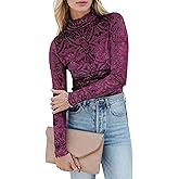 Womens Slim Fit Velvet Burnout Top - Mockneck Long Sleeve Semi See Through Blouse Elegant Shirt for Party/Date/Night Out