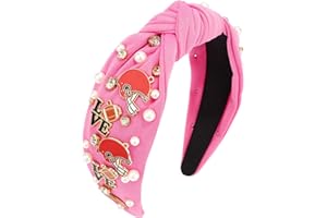 Vovii Football Headband for Women, Knotted Pearl Rhinestone Jeweled Headband for Football Mom Fans, Football Headbands Hair Accessories Game Day Outfits for Women (Hot Pink)