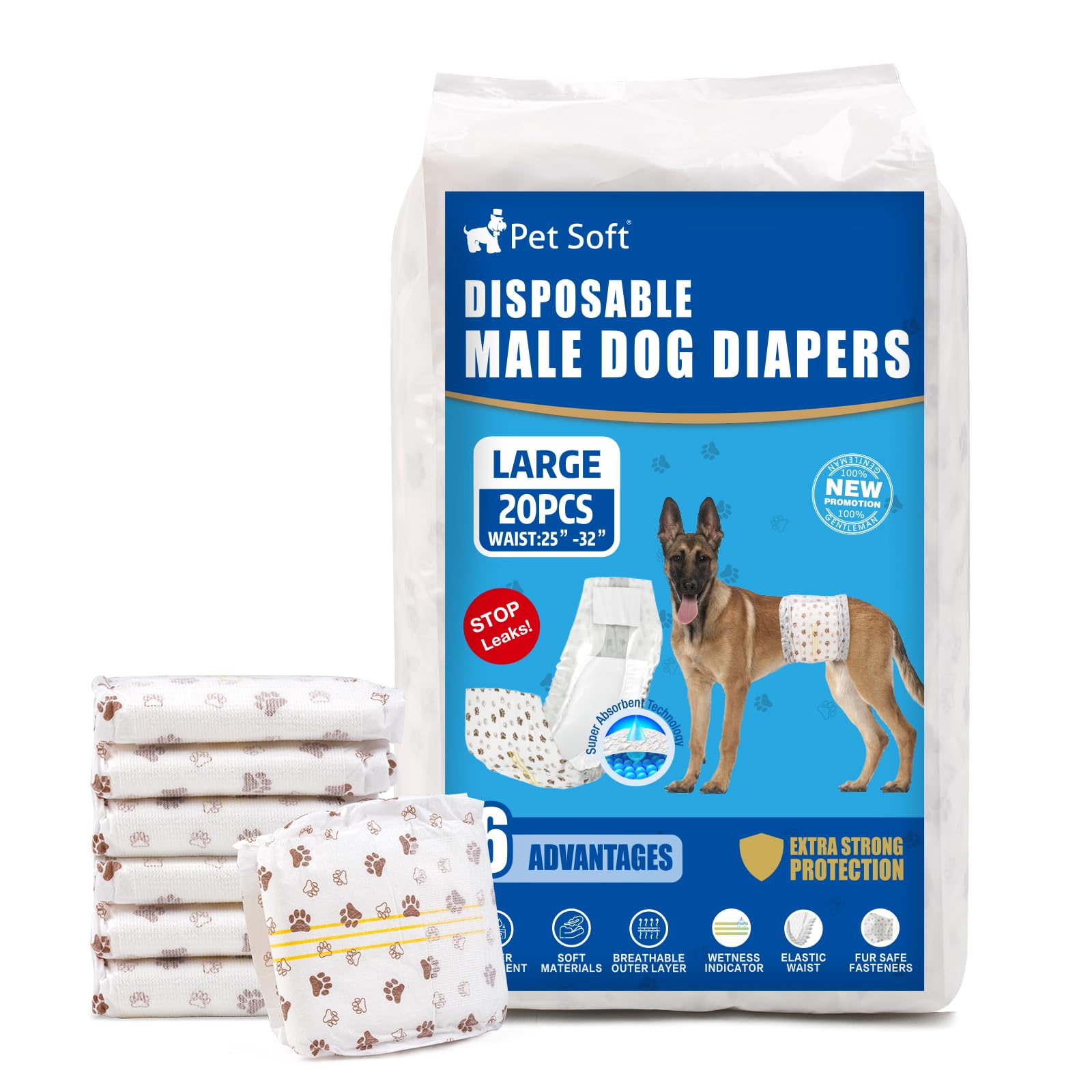 Pet Soft Dog Nappies Male-Disposable Male Dog Wraps 20 Counts, Super Absorbent Puppy Dog Diapers Incontinence Nappy Wraps with Wetness Indicator (L-20 Count)