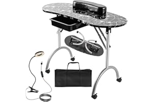 Alohappy Portable & Foldable Manicure Table Nail Desk on Wheels with Drawer/Updated USB-Plug LED Table Lamp/Client Wrist Pad/Carry Bag for Home Spa Beauty Salon Workstation(Black, 30" H)