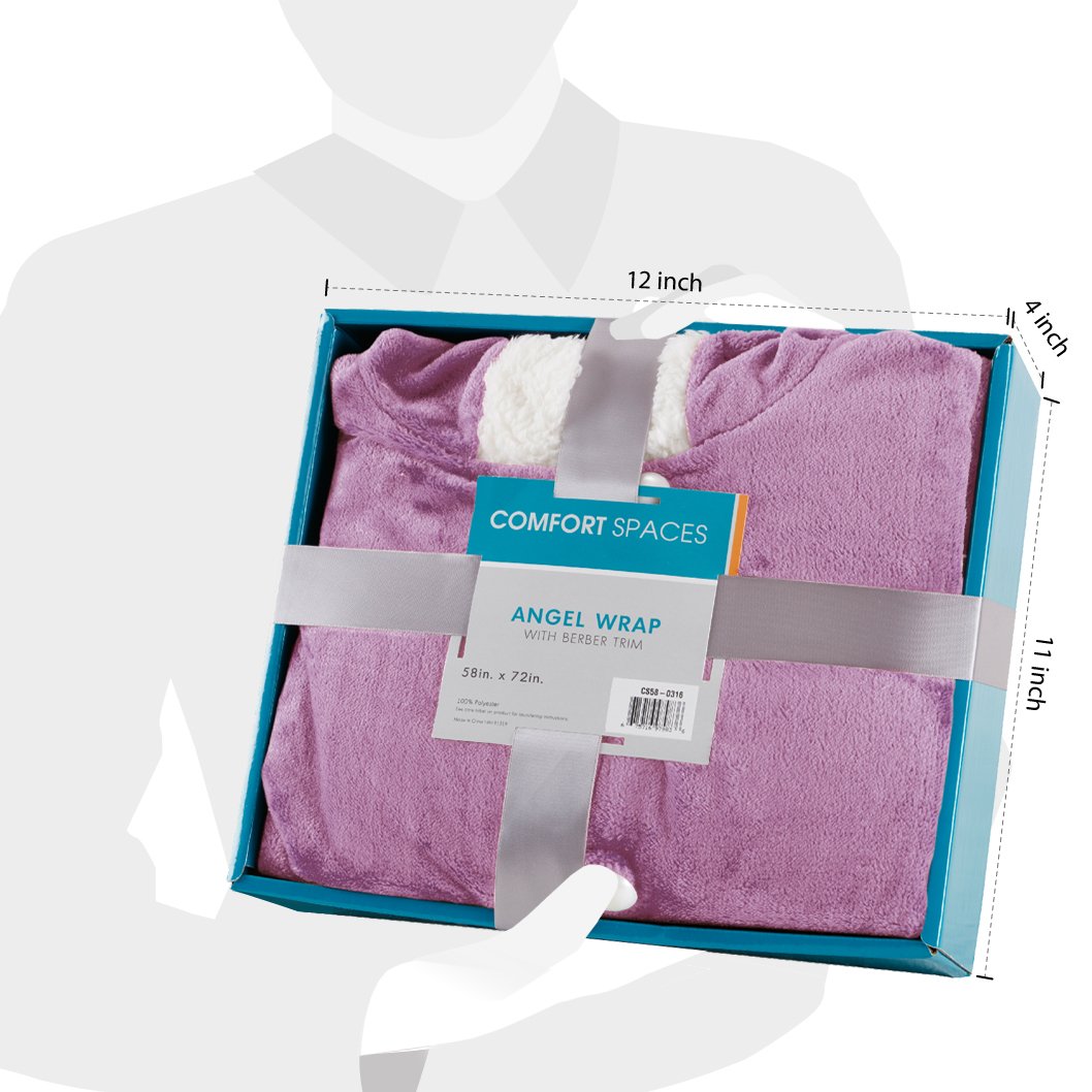 Comfort Spaces Glimmersoft Plush To Sherpa Pocket Hooded Angel Wrap Ultra Soft Wearable Poncho Blanket Throw Ivory 58x72 Wearable Blankets Home Kitchen