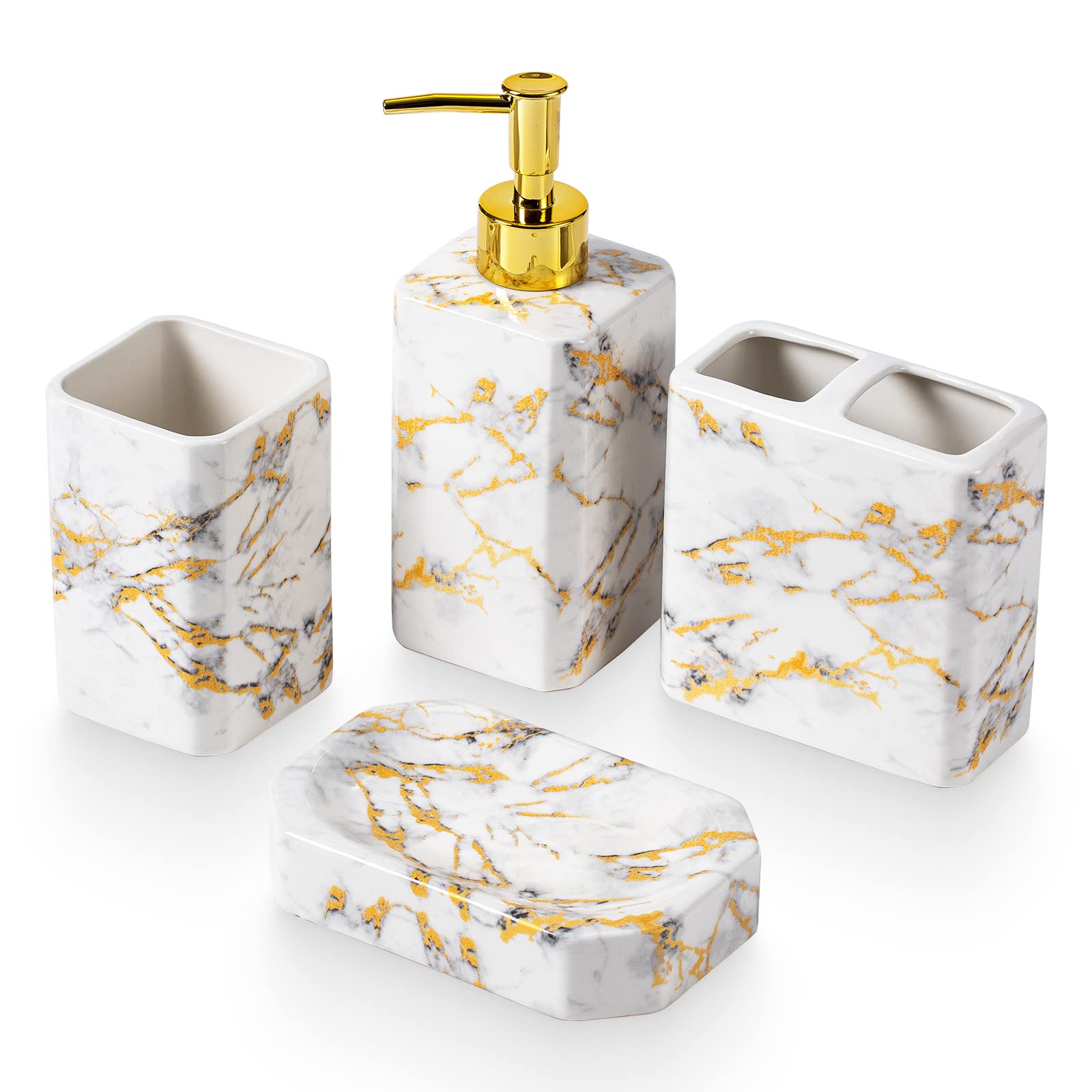 Photo 1 of 4 Piece Bathroom Accessories Set - White Bathroom Accessory Sets Includes Lotion Dispenser, Toothbrush Holder Tumbler, and Soap Dish - Glossy Finish (Marble, White)