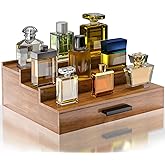 Sueuapp Walnut Wood Cologne Organizer for Men 3 Tier Cologne Stand,Wooden Cologne Holder Display Shelf with Hidden Compartment and Drawer,Perfume Organizer Great Gift for Men