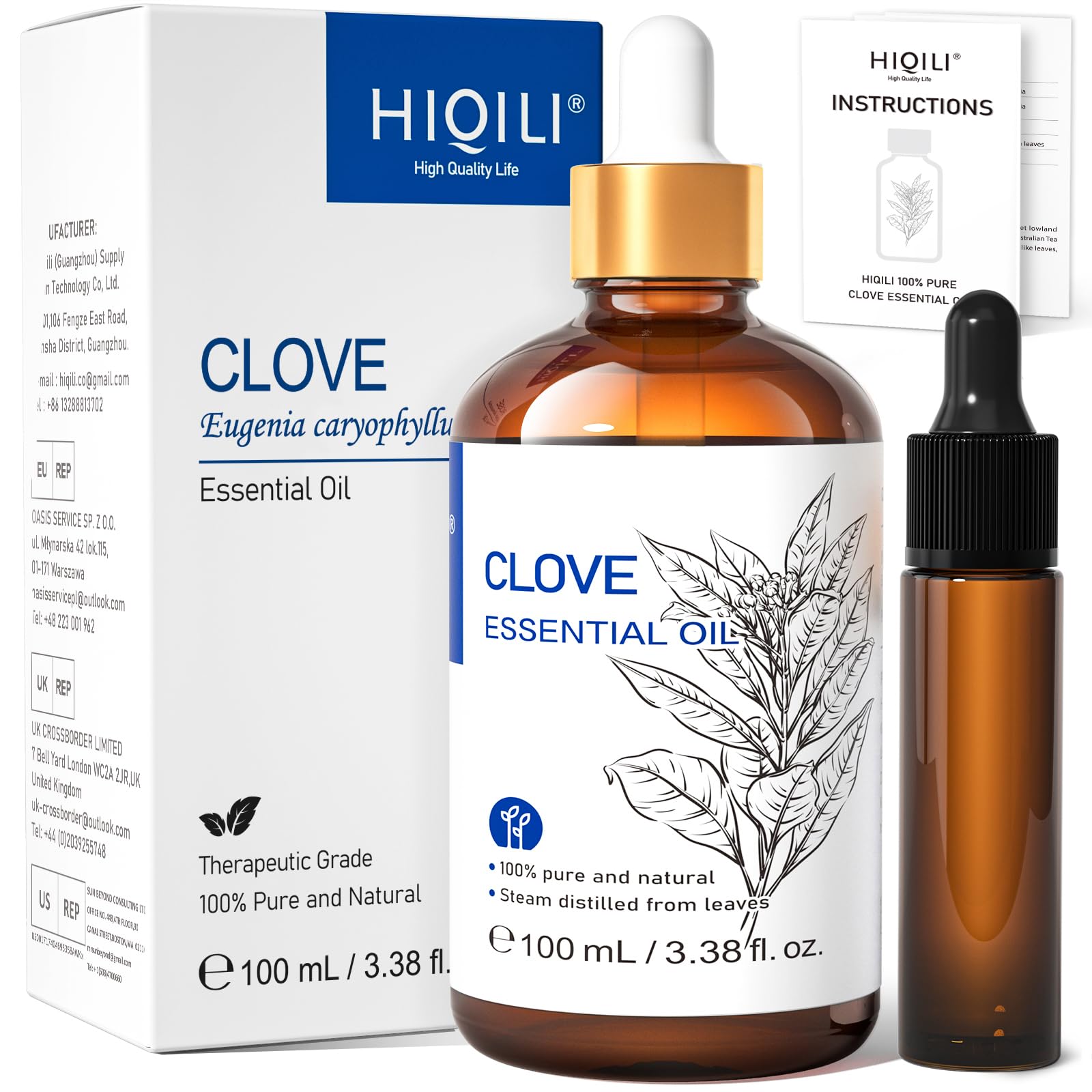 HIQILI Clove Oil for Toothache Pain Relief, Pure & Natural Essential Oils for Teeth and Gums, Aromatherapy, Diffuser, Hair & Skin, DIY Spray - 100ML
