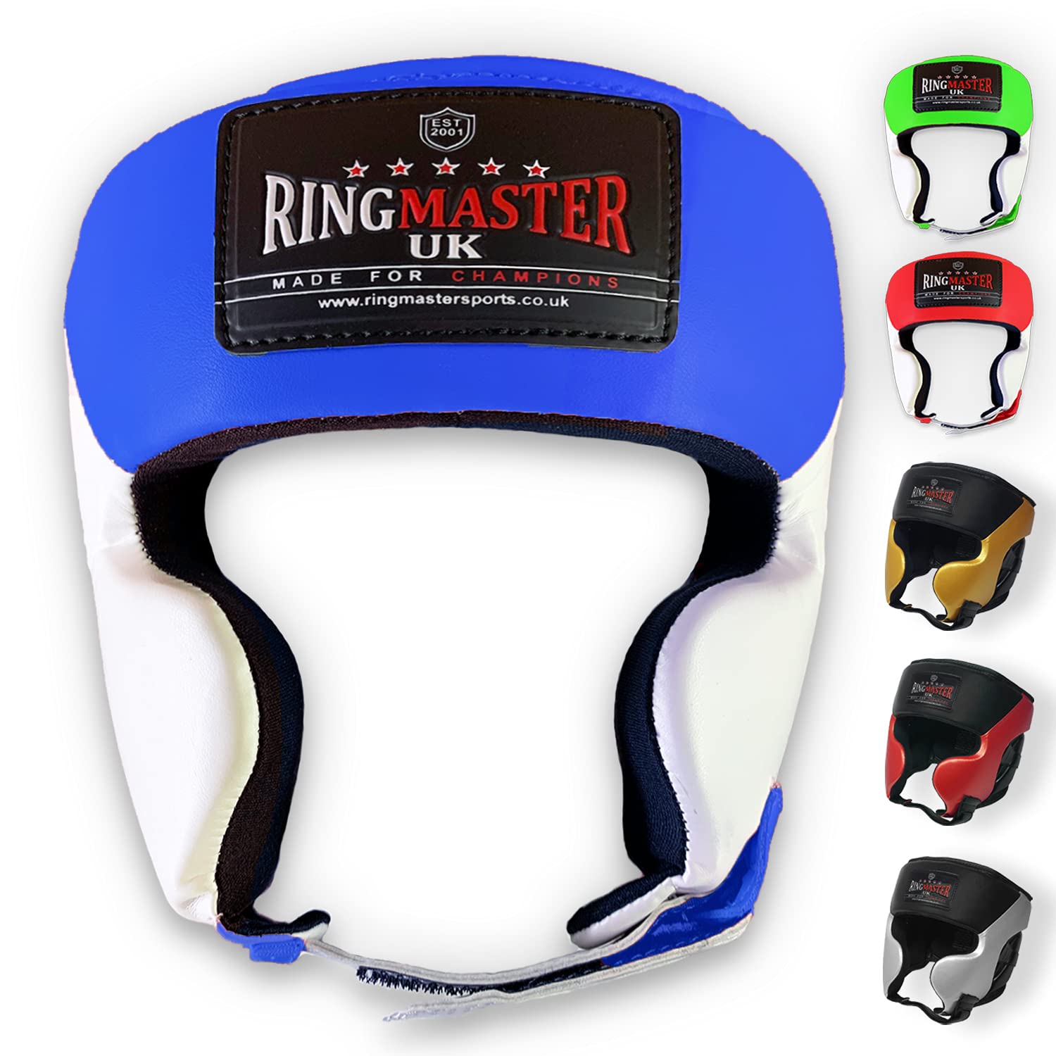 RingMasterUK Head Guard HeadGear Boxing MMA Martial Arts Protector Kick (Blue/White, Large - Extra Large)