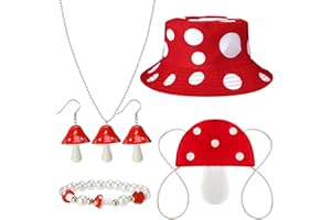 Ramede 6 Pcs Halloween Mushroom Costume Set, Mushroom Hat, Shape Bag, Necklace, Drop Earrings, Bracelet for Women Halloween D