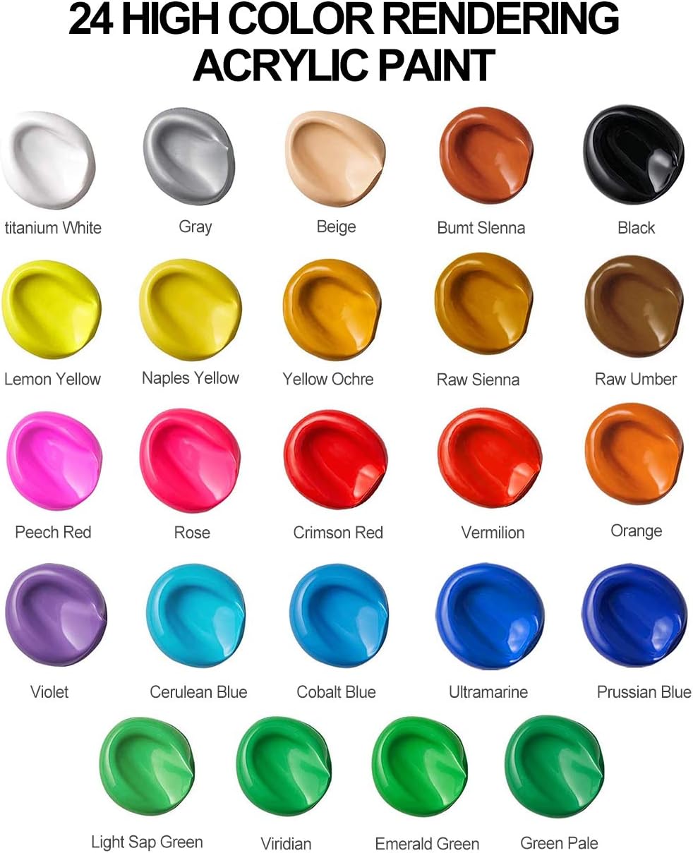 Acrylic Paint Set, Emooqi 24(12ml/0.4oz) Rich Pigment Colors, with 11 Art Brushes, Paint Palette & Painting Canvas - Quick Dry Paints for Hobby Painters & Kids, Canvas Wood Rock Ceramic Paint