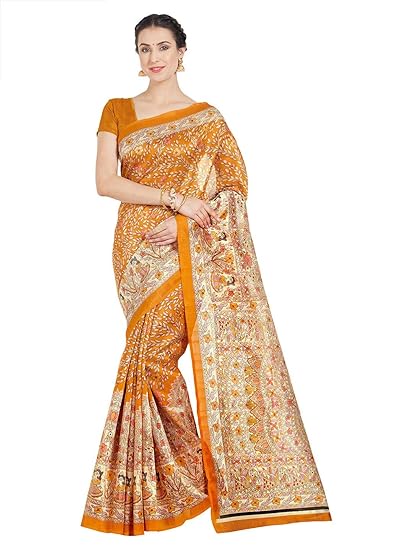 Oomph! Womens Printed Bhagalpuri Silk Sarees - Limestone Yellow