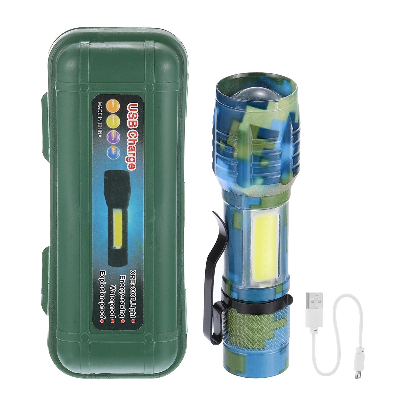 PATIKIL Scalable LED Flashlight, 3 Mode High Lumens LED Flashlight Aluminum White Light Torch USB Rechargeable for Hiking Camping, Camouflage Blue