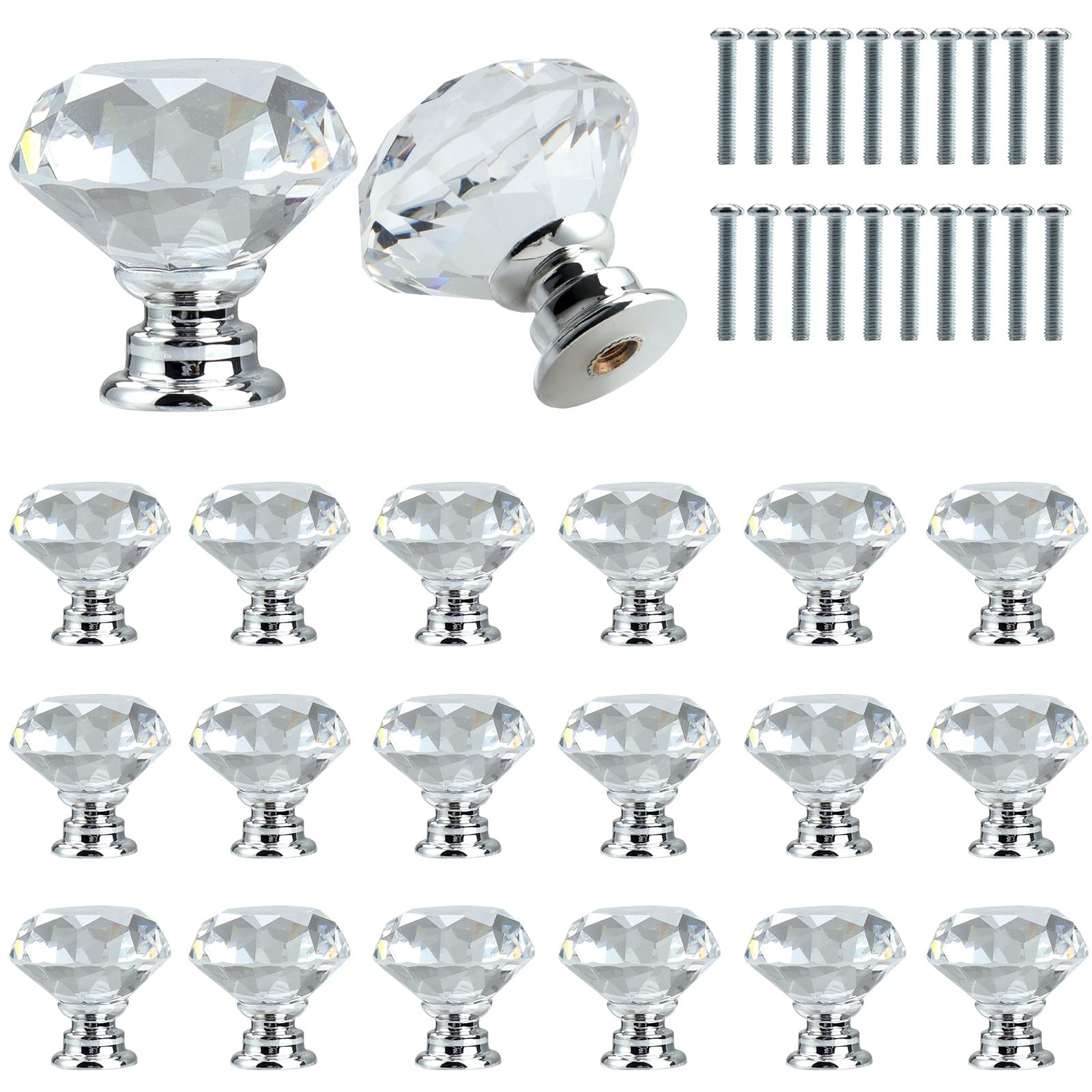 Roellgs 20 Pieces 30mm Clear Crystal Glass Diamond Door Handle with Screws, High Grade Light Luxury Handle Wardrobe Cabinet Drawer Handle Single Hole Handle Home Decor