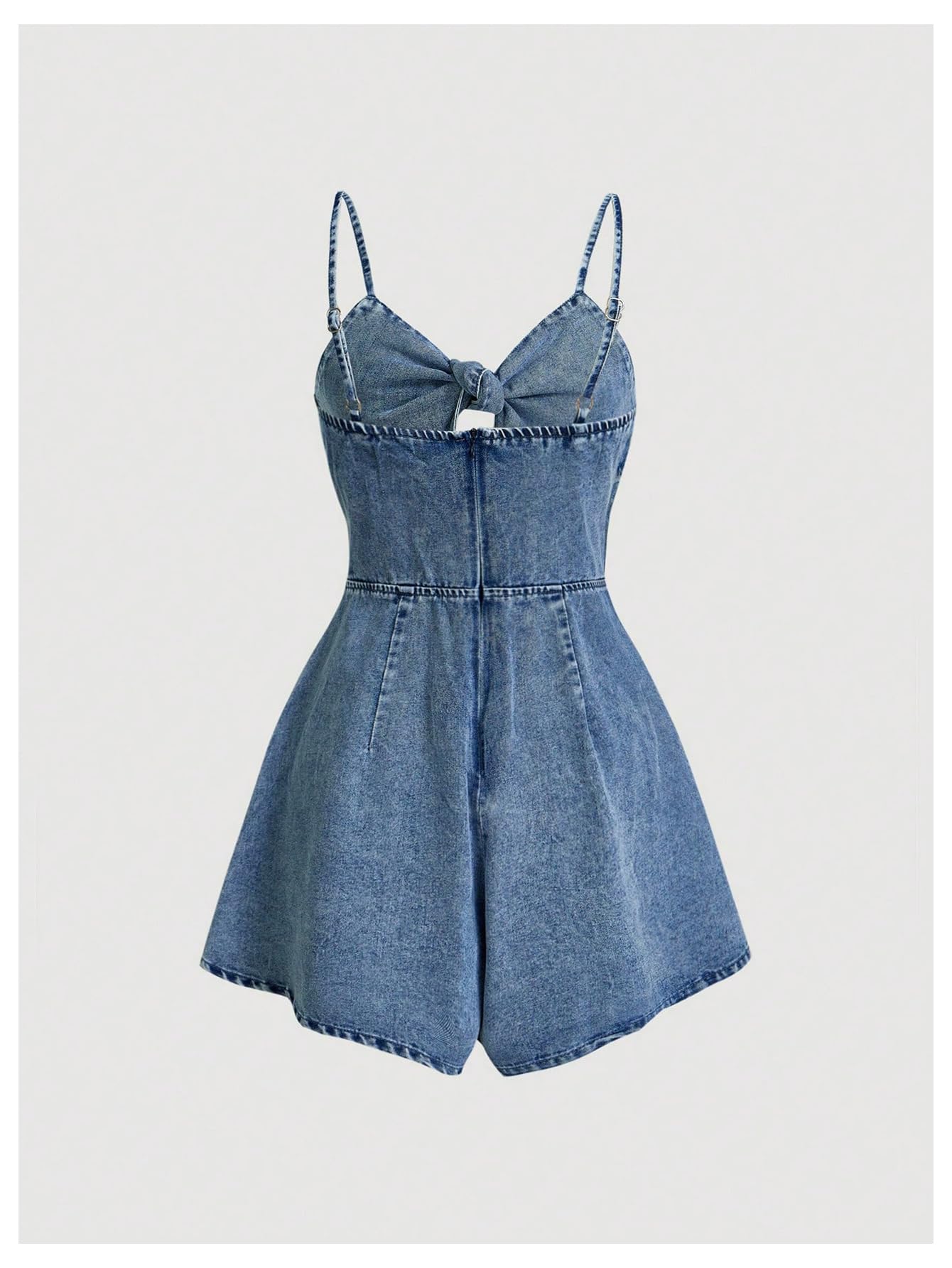 OYOANGLE Women's Vintage Bowknot Spaghetti Strap Denim Romper Sleeveless Wide Leg Jean Short Jumpsuits