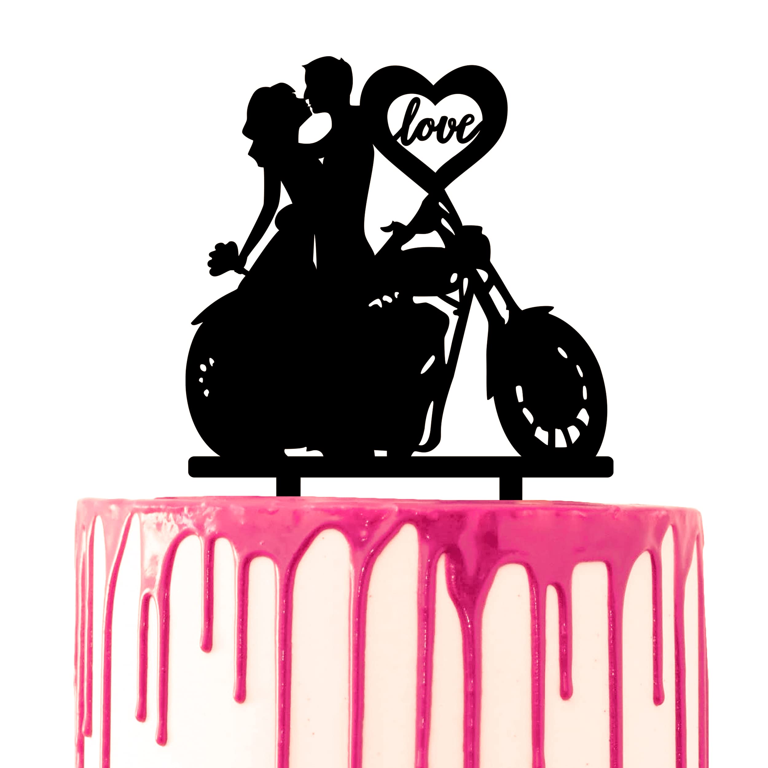 CARISPIBET Wedding cake topper couple with motorcycle and heart with love script — image 1