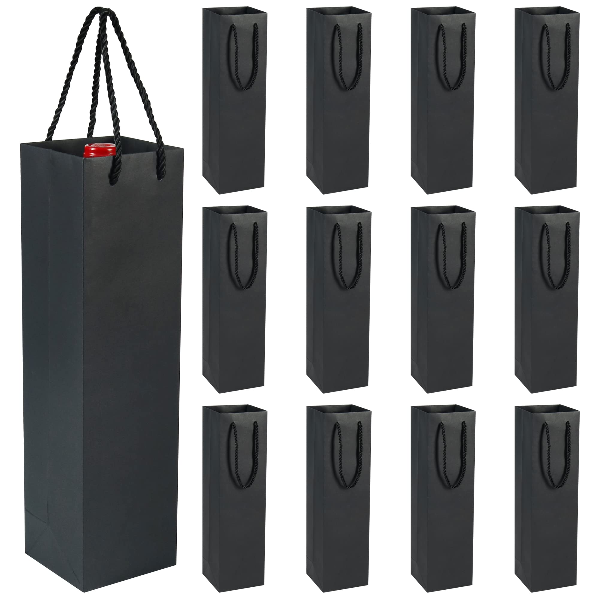 HRX Package Kraft Wine Gift Bags Single Bottle, 12PCS Sturdy Paper Wine Tote Bags with Handles for Christmas, Party, Shopping, Retail Merchandise (Black)