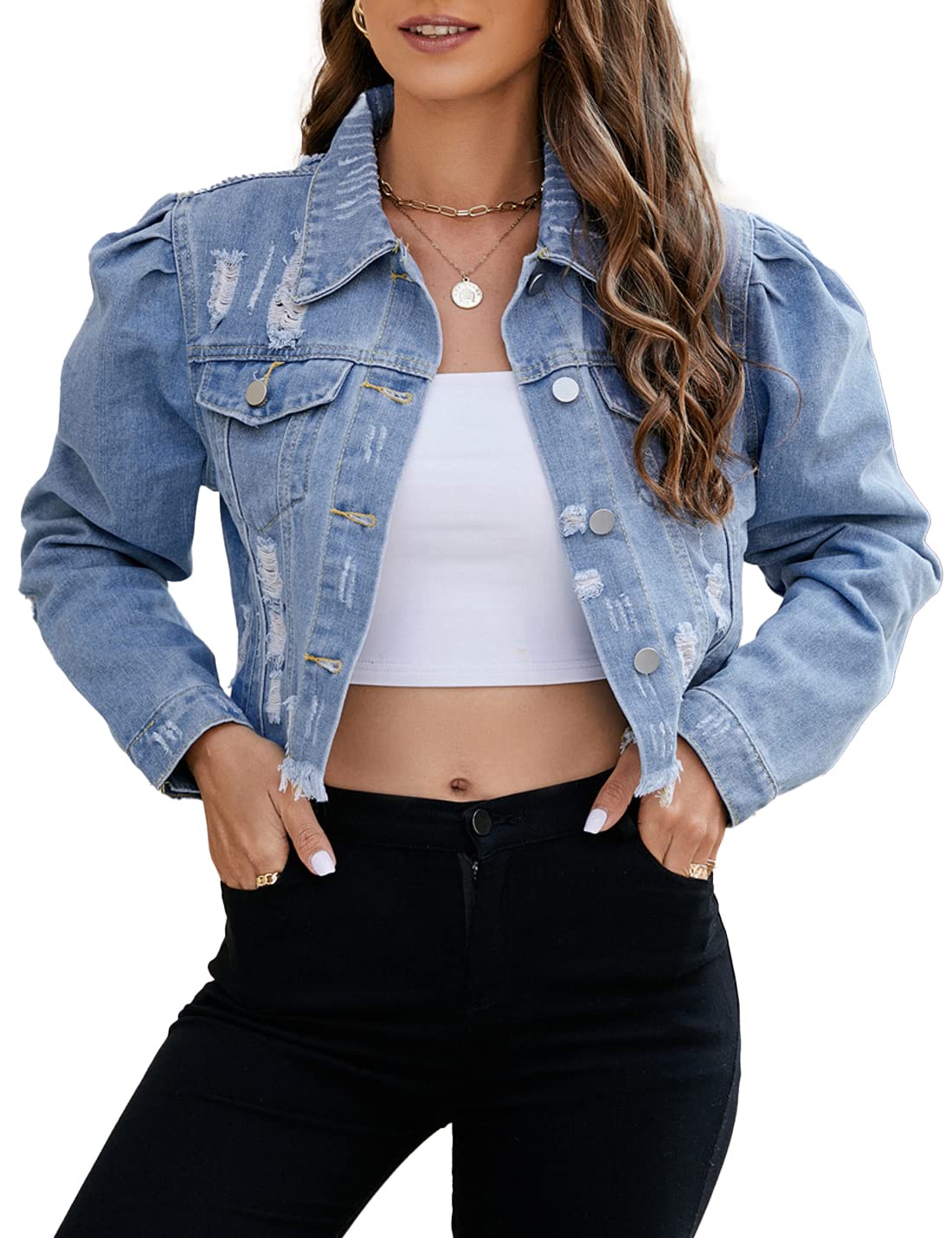 Photo 1 of PAODIKUAI Women's Casual Puff Sleeve Button Front Slim Cropped Denim Jean Jacket (Light blue, Small)