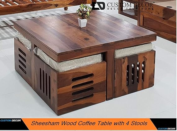 Custom Decor Wooden Coffee Table with 4 Stools for Living Room | Matt Polish Finish, with Cushion