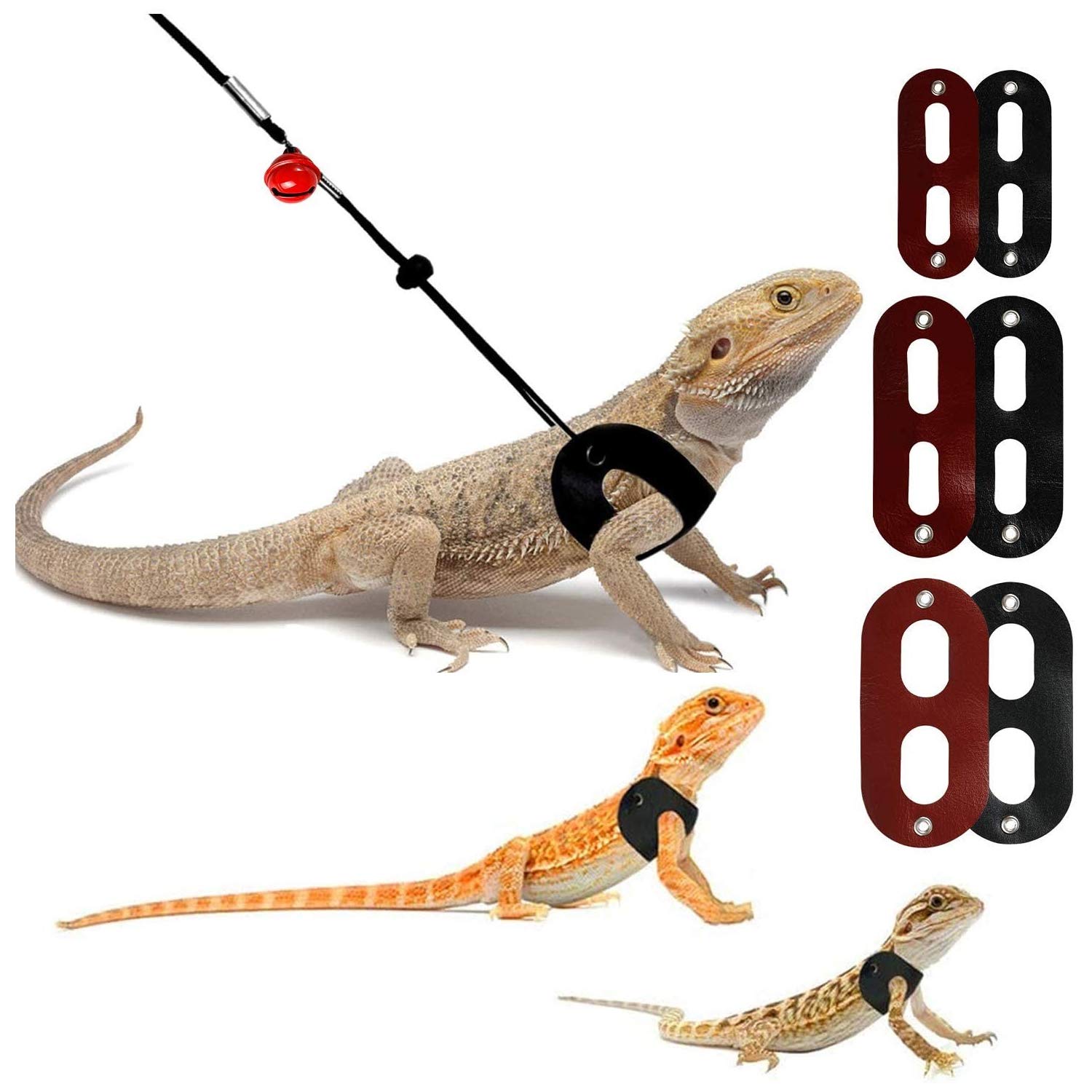 3 Packs Bearded Dragon Harness and Leash Adjustable(S,M,L) - Soft Leather Reptile Lizard Leash for Amphibians and Other Small Pet Animals Red Black