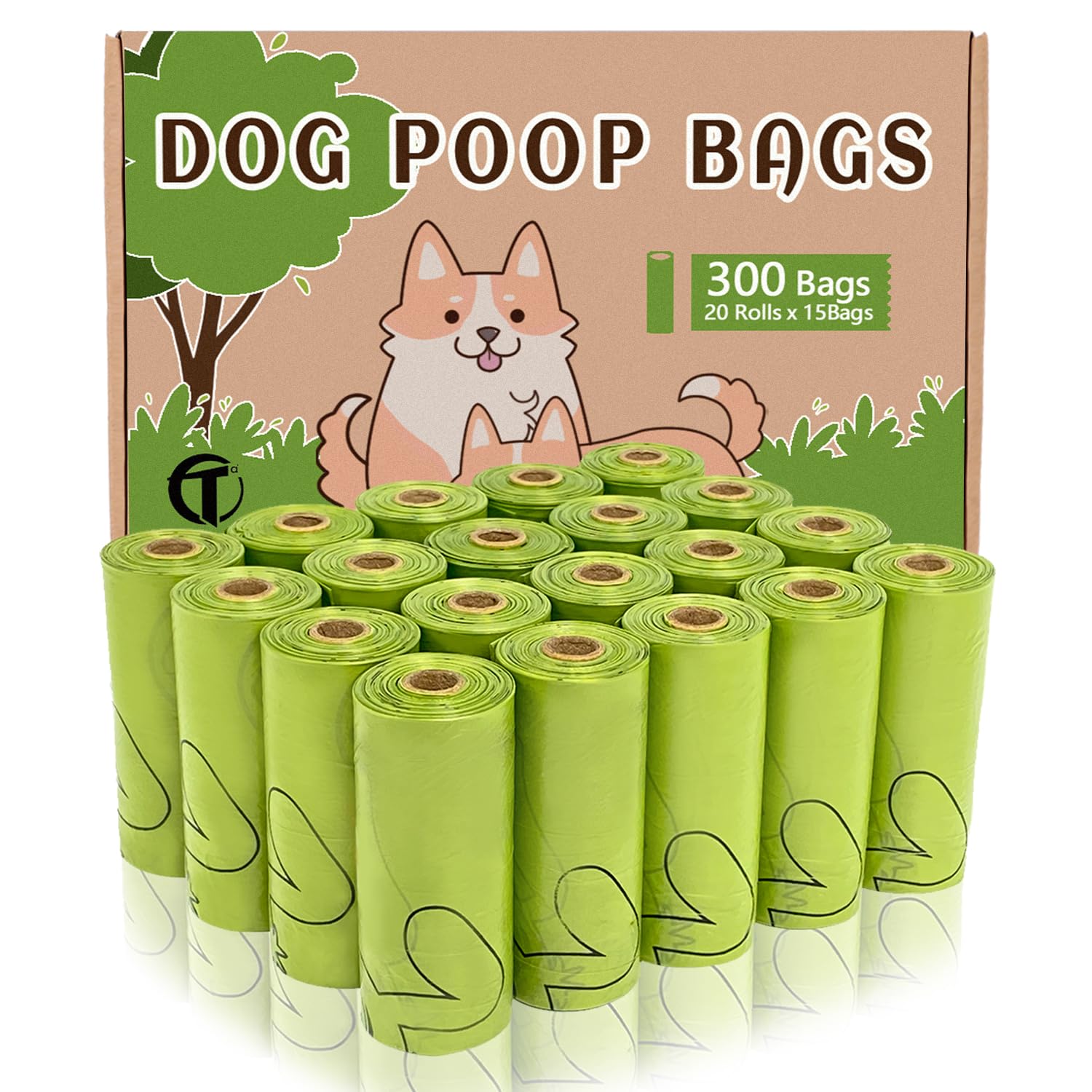 Aitodos® 300pcs Dog Poo Bags, Sturdy and Leak Proof, Easy to Carry, Mixed PET, Polyethylene(PET) + Corn Starch-Dog Poop Bag Rolls-12.5 * 9 inches, Green (20 Roll of 15 Counts)
