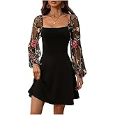 Floerns Women's Floral Mesh Bishop Long Sleeve Square Neck Boho A Line Dresses