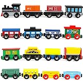 Wondertoys Wooden Train Set 16 PCS Train Toys Magnetic Set Includes Storage Bag - Wooden Track Accessories - Wooden Magnetic Car Set for Toddlers Kids Boys and Girls