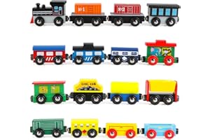 Wondertoys Wooden Train Set 16 PCS Train Toys Magnetic Set Includes Storage Bag - Wooden Track Accessories - Wooden Magnetic Car Set for Toddlers Kids Boys and Girls