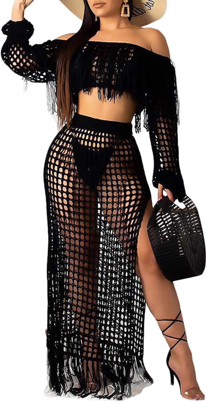 Women Sexy Tassels Hollow Out 2 Piece Outfits See Through Off Shoulder Crop Top and Split Maxi Dress Set Bikini Cover up at  Women’s Clothing store