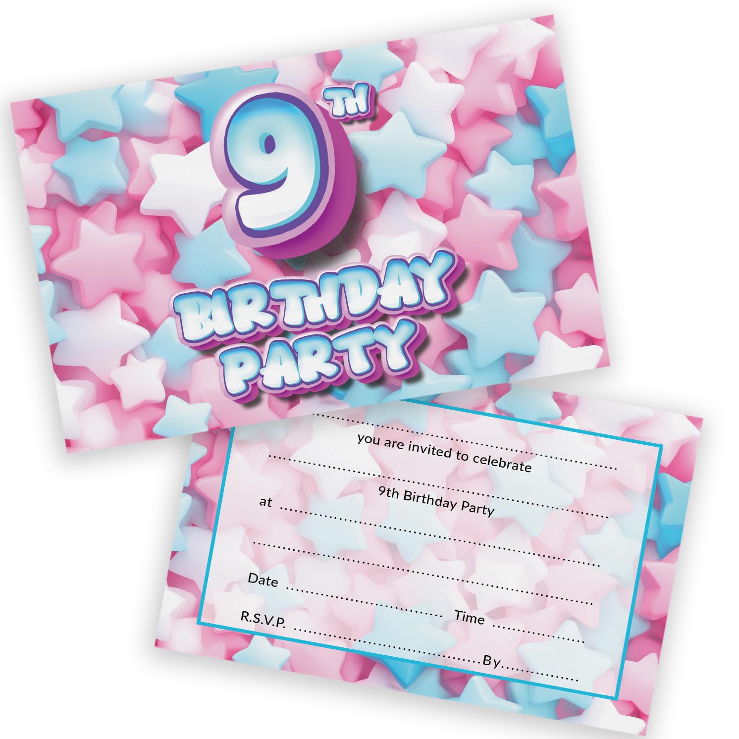 9th Birthday Party Invitations Kids - Sweet Marshmallow 20 Pack - Childrens Birthday Invitations for Boys/Girls A6 Bday Party Invites Invitation Cards with Folding Envelopes
