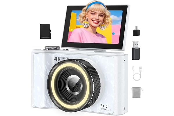 W & O 4K Digital Camera for Photography,Flip Screen Digital Camera for Kids | 64MP Vlogging Camera for YouTube with SD Card,16X Zoom Autofocus,Point and Shoot digital cameras for Teens Beginner,White