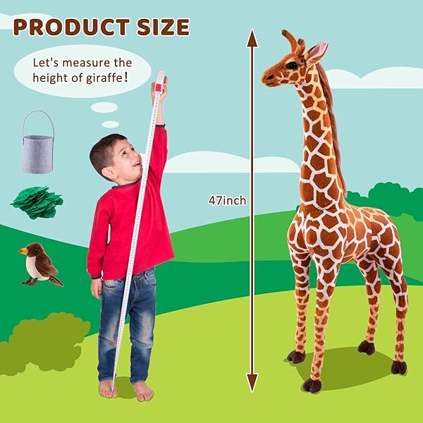OHKIDS 47” LARGE GIRAFFE STUFFED ANIMAL SET, GIANT GIRAFFE PLUSH TOYS WITH BIRDS, LEAVES, BASKET, TALL GIRAFFE TOY STANDING LIFELIKE, GIFT FOR KIDS NURSERY BABY SHOWER PARTY