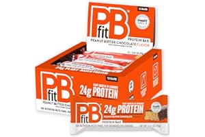 PBfit Peanut Butter Chocolate Protein Bars, 24g Protein, Gluten Free, Vegan, Plant-Based 40-30-30 Macros, 2.47 Oz (Pack of 12)