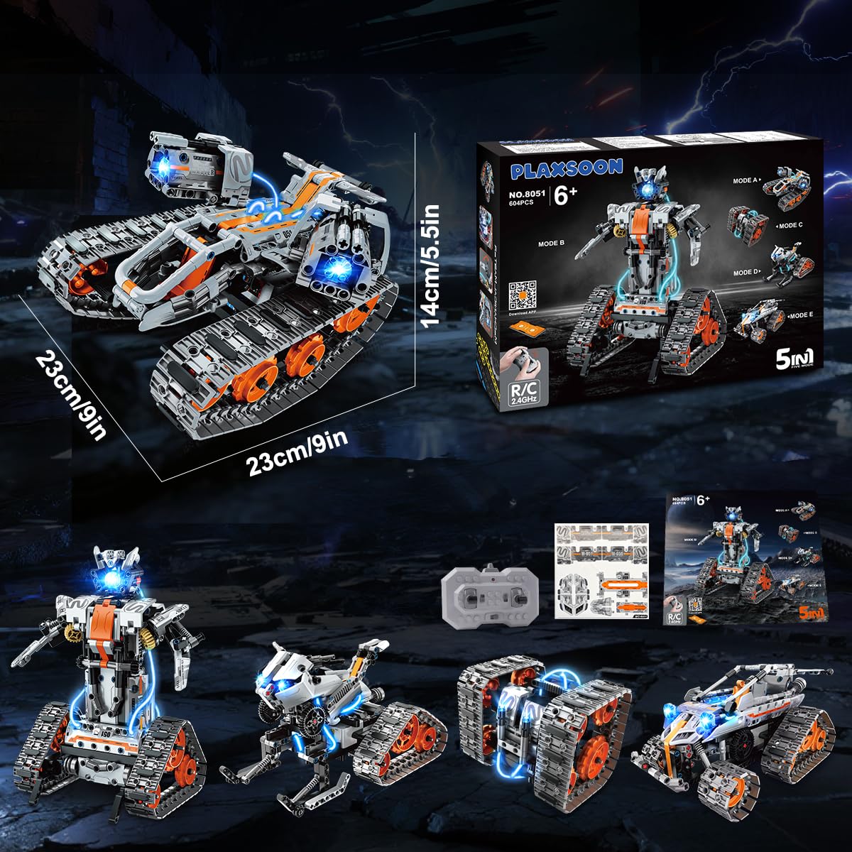 PLAXSOON Technik Bauspielzeug mit LED Lichtern, 5-in-1 App- & Fernsteuerung Panzer Roboter Klemmbausteine, 604 Teile RC Technic Baukasten, STEM Lernspielzeug Geschenk für Kinder Jungen ab 8-12 Jahre 9