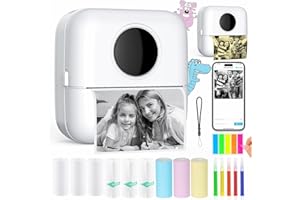 HuiJuKeJi Inkless Sticker Printer Mini Thermal Printer with 10 Rolls Thermal Paper,Color Pen for iOS&Android, Bluetooth Pocket Printer Smart Portable Receipt Printer for Photo Journal Notes Memo-White