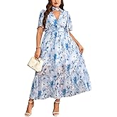 EYWOL Plus Size Floral Maxi Dress Chiffon V Neck Flutter Sleeve Summer Wedding Guest Boho Long Dresses