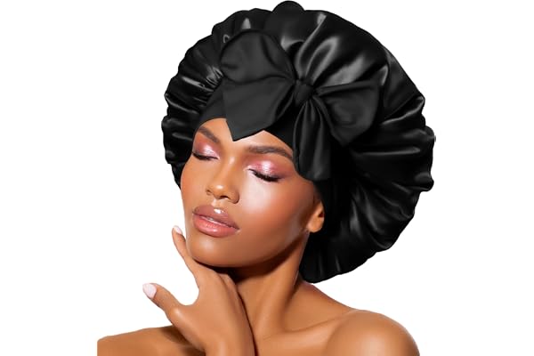 BONNET QUEEN Silk Bonnet for Sleeping Women Satin Bonnet Night Sleep Cap Scarf Wrap for Curly Hair with Tie Band,Black