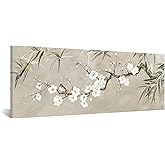 KREATIVE ARTS Large Bamboo Plum Blossoms Chinese Traditional Wall Art Canvas Painting with Birds, Black Grey Gold Print, Modern Home Living Room Decoration, 20x55 Inches