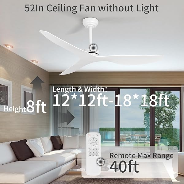 ITNI CEILING FANS WITHOUT LIGHT,52 INCH CEILING FAN WITH REMOTE CONTROL,3 REVERSIBLE BLADE,WHITE CEILING FAN FOR BEDROOM, LIVING ROOM,HALLWAY