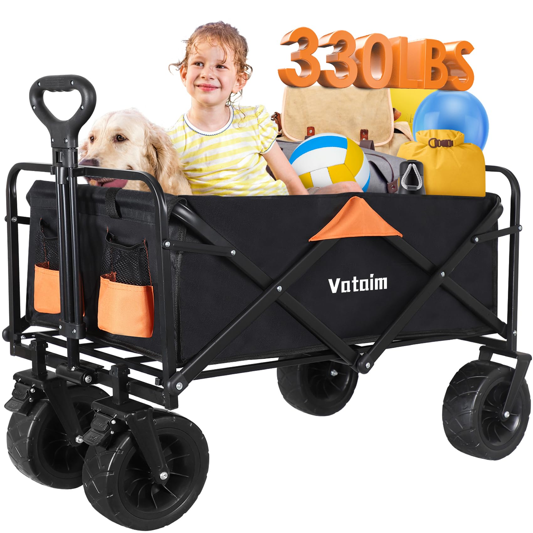 Foldable Wagon Cart with Steel Frame & Big All-Terrain Wheels, Collapsible Utility Cart for Camping, Grocery Shopping, Beach, Outdoor Sports – 330LBS Heavy Duty, Black