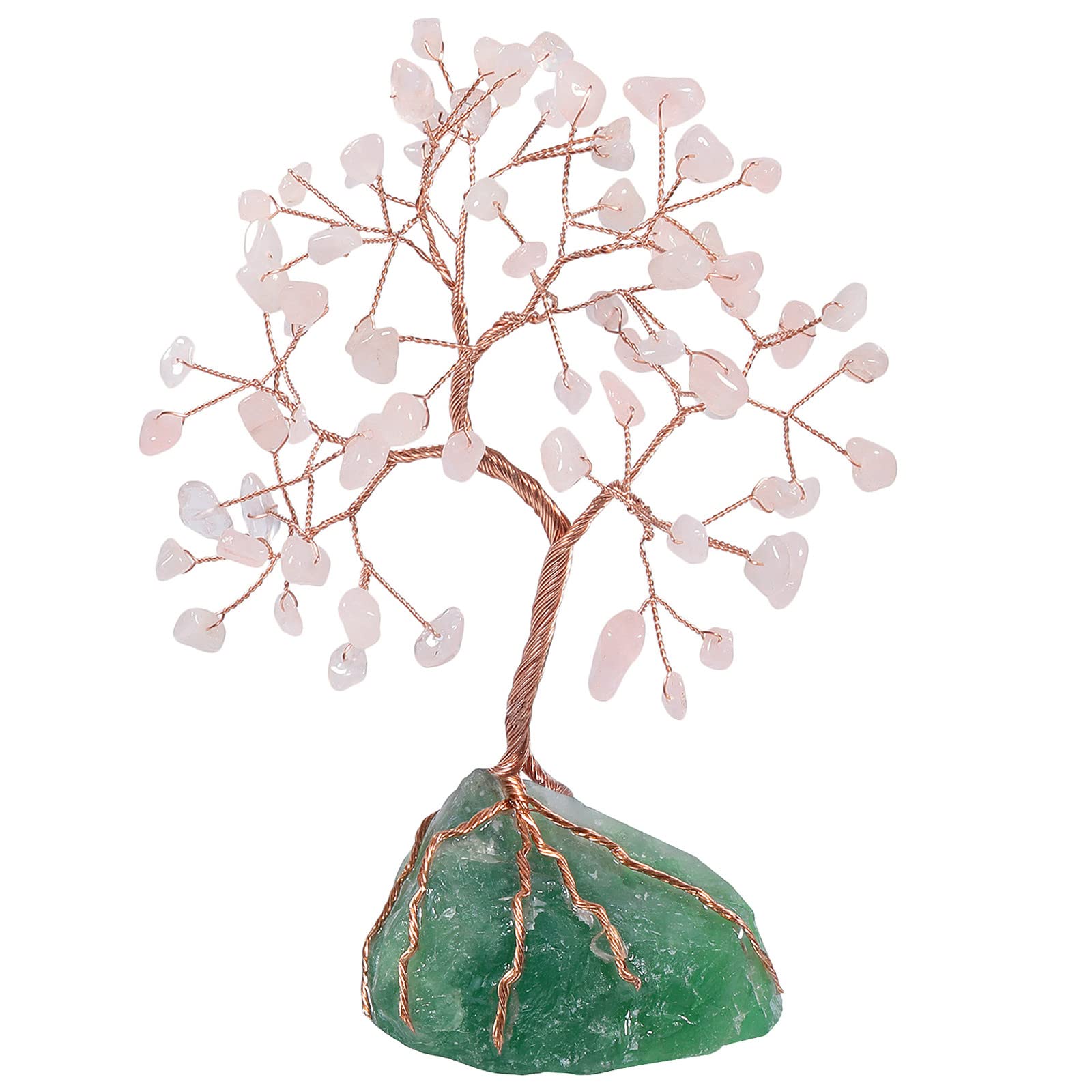 Nupuyai Rose Quartz Crystal Money Tree with Raw Fluorite Stone Base, Fengshui Crystals Figurine Healing Stone Spiritual Tree Ornament for Home Office Decor