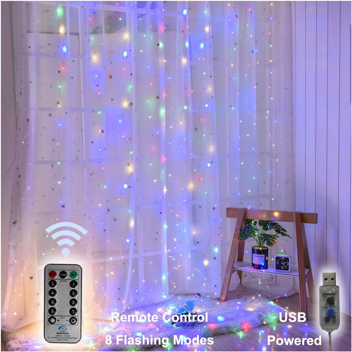 String Lights, 300 LED Window Curtain Twinkle Starry Lights, 8 Lighting Modes, Remote Control for Wedding, Party, Garden, Festival, Holiday Decorations – Multi Color