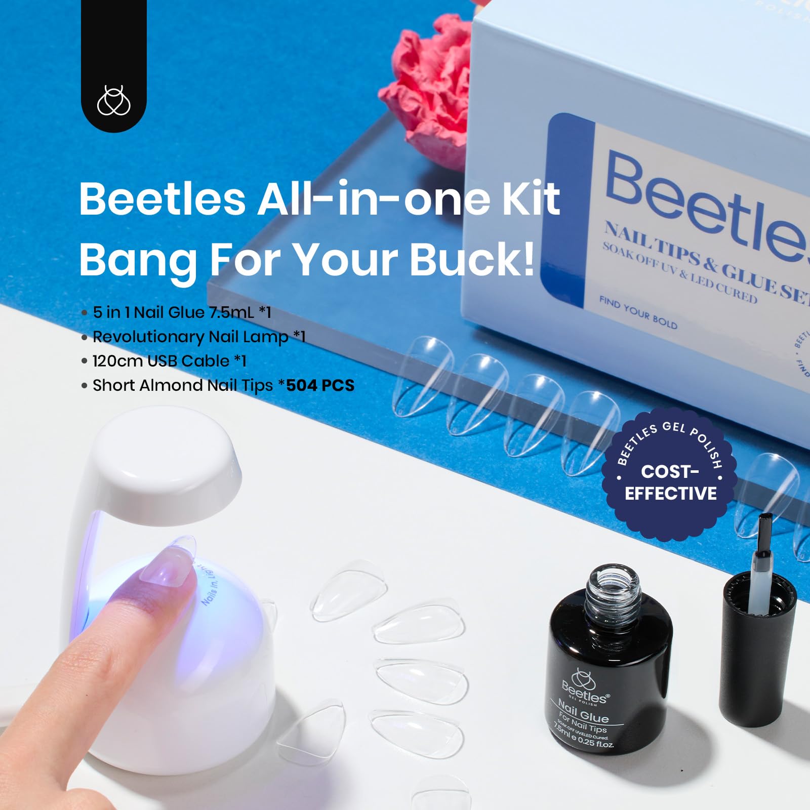 Beetles Gel Nail Kit Almond-500Pcs Gel Nail Kit Easy Nail Extension Set Short Almond Shape 5 In 1 Nail Glue Gel Extension Nail Kit Uv Led Lamp Acrylic False Nail Tips Kit DIY Nails Art Gifts for Women - Image 2