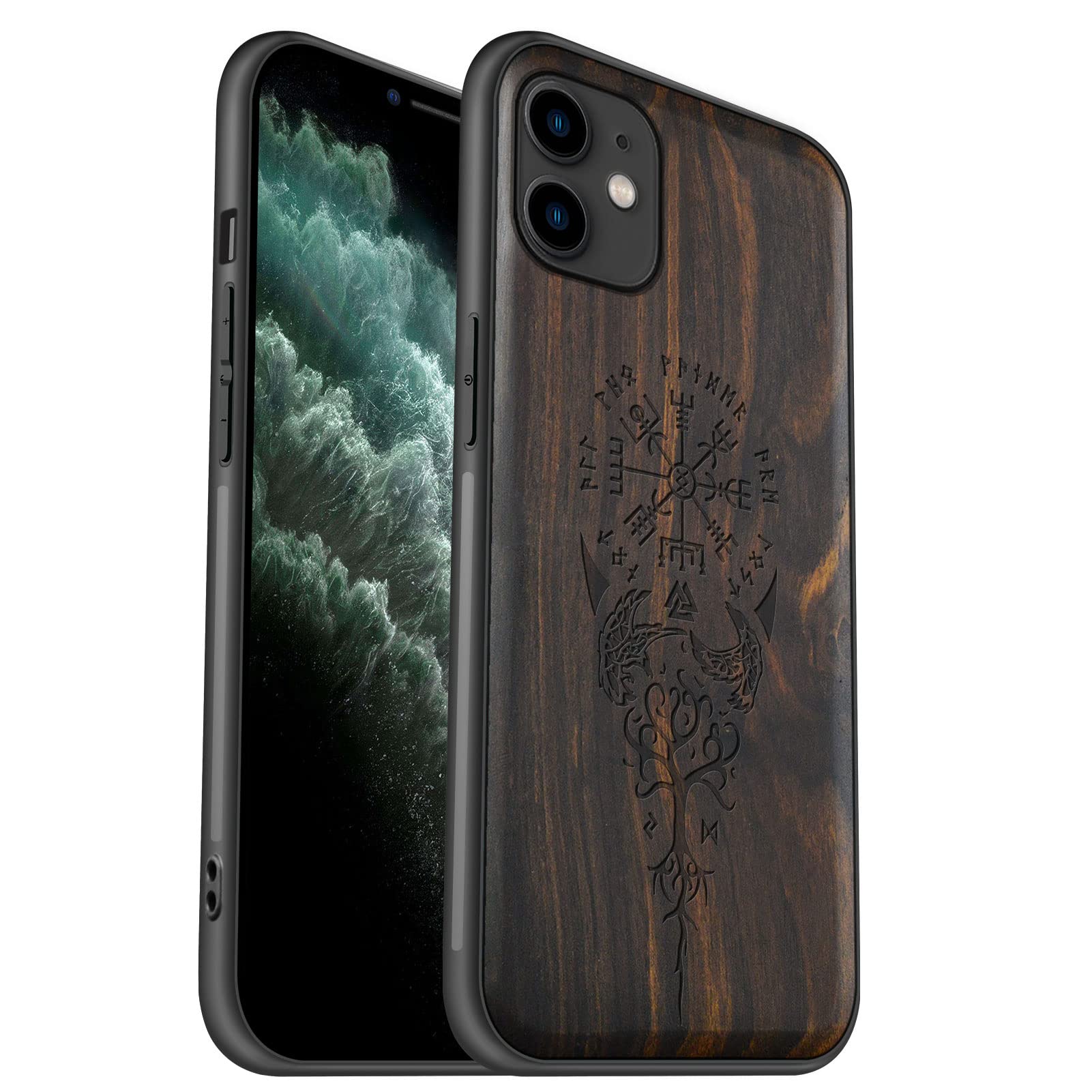 Carveit Natural Wood Case for iPhone 11 - Hybrid Shockproof Protective Cover - Unique & Classy Wooden Case - Compatible with iPhone 11 (Viking Compass Vegvisir-Blackwood)