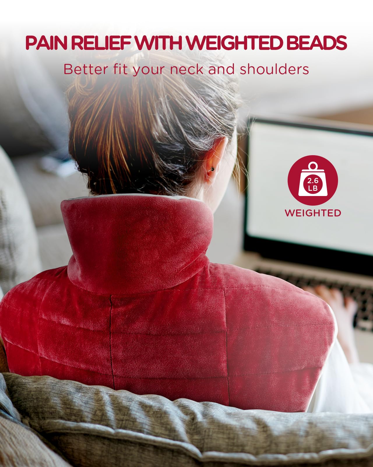 Heating Pad for Neck and Shoulders and Back, Comfytemp Weighted Electric Heat Pad for Pain Relief, 2.6lb Large Heated Wrap, 9 Heat Settings, 11 Auto-Off, Women Men Birthday Gifts Red