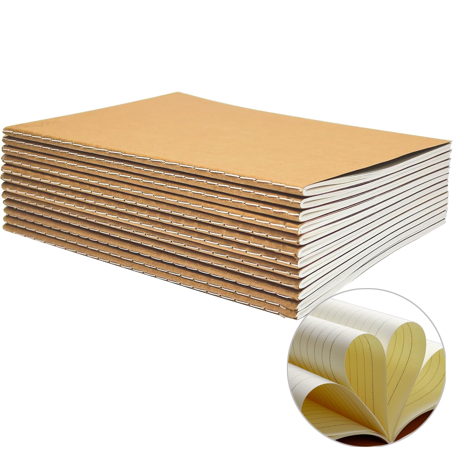 YBCPACK 12 Pack Lined Notebooks Kraft Brown Cover Journal Notebook for Students, Travelers, Office - Memo Diary Subject Notebooks - A5 Size, 8.26”x5.5”, 60 Lined Pages/30 Sheets