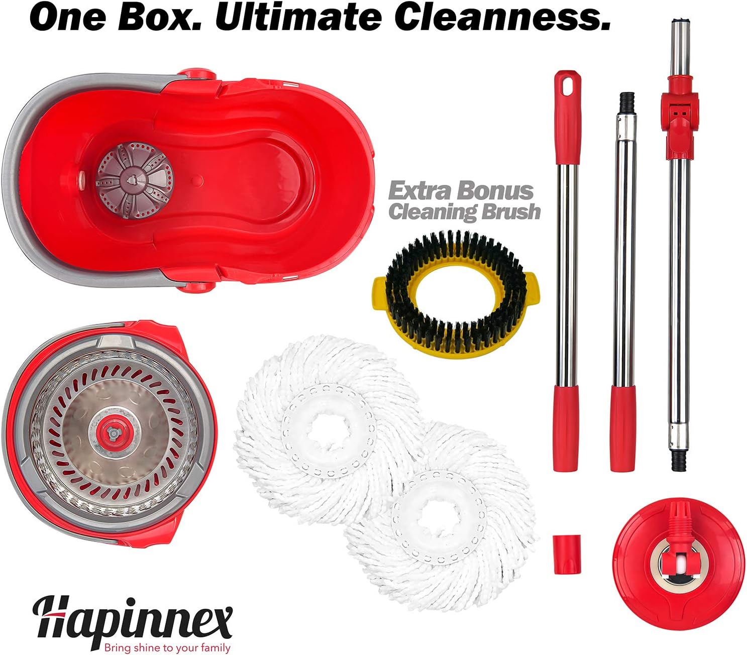 HAPINNEX Spin Mop Wringer Bucket Set - for Home Kitchen Floor Cleaning - Wet/Dry Usage on Hardwood & Tile - Upgraded Self-Balanced Easy Press System with 2 Washable Microfiber Mops Heads: Home & Kitchen